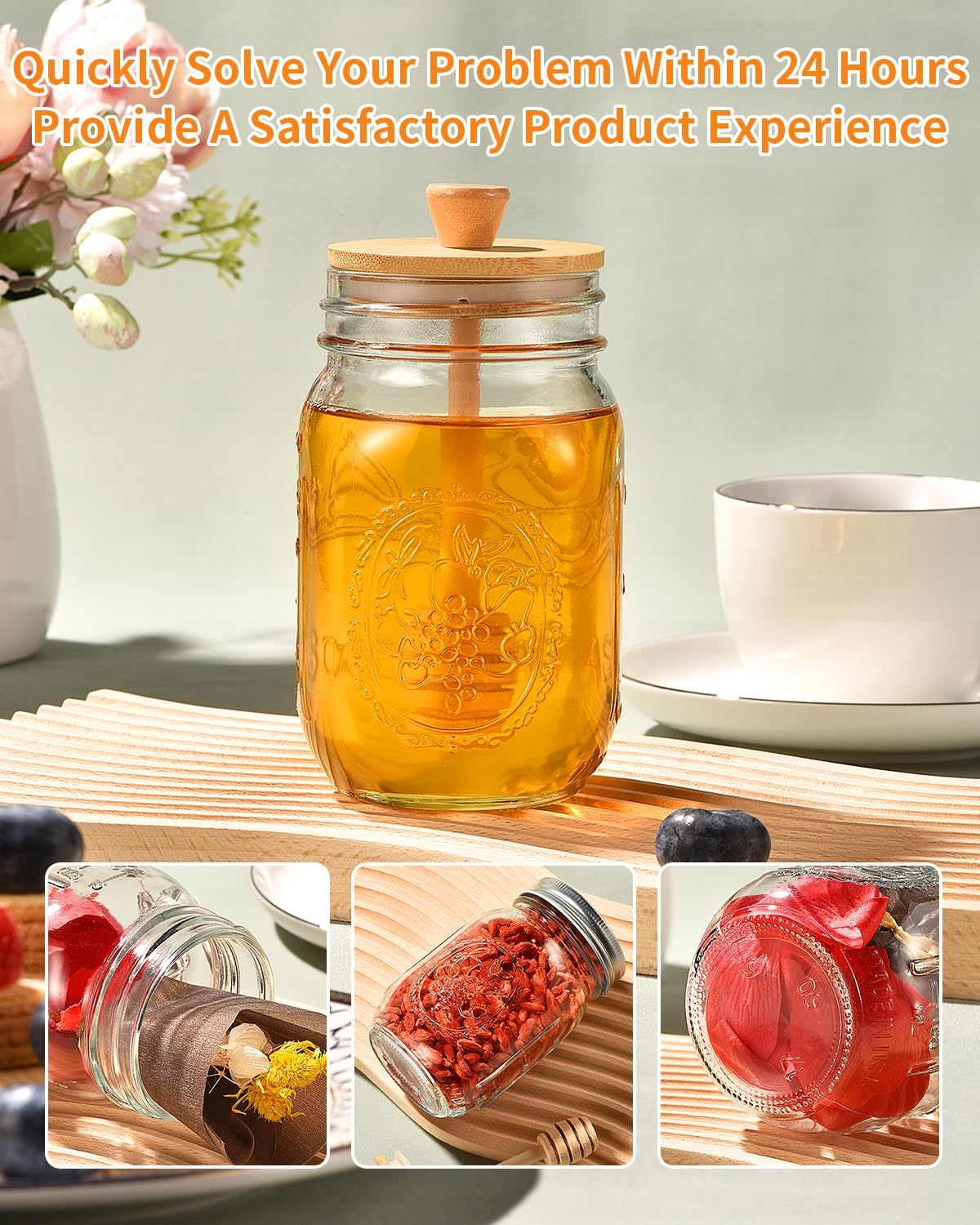 TANGLONG Honey Jar with Dipper and Lid, 16oz Honey Pot Set of 3